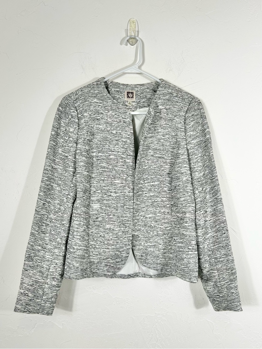 Anne Klein Black White Tweed Collarless Open Front Blazer Crop Jacket Lined